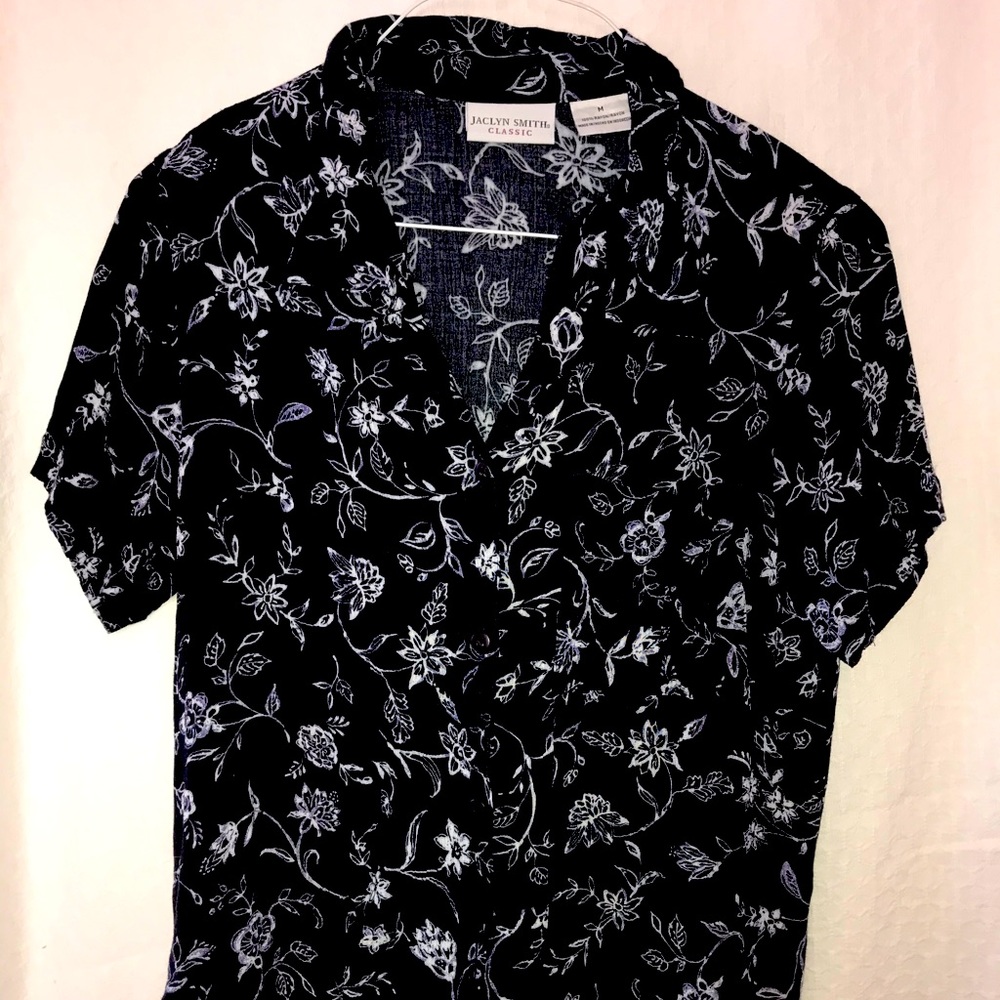 Navy Blue Floral Button Down Short Sleeve